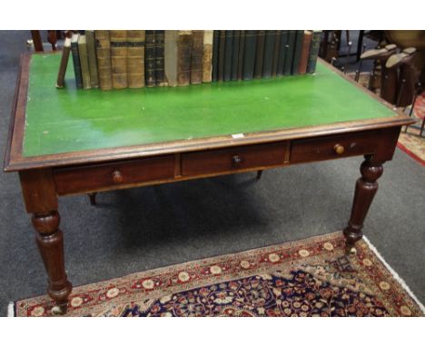 A Victorian mahogany library table, moulded top, three short drawers to frieze, similar to verso, button handles, turned legs