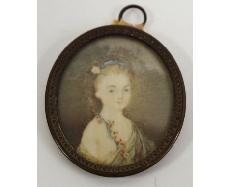 English School, 19th century, a portrait miniature, of a young girl with blue ribbon and flowers, watercolour on ivory,  4cm 