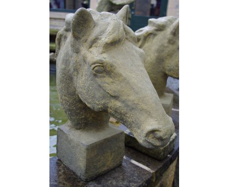 Garden Statuary - a pair of English Stone inc quartz horse's head gate post finials, 60cm high