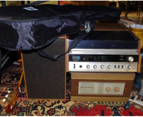 Hitachi 311 record player and speakers; three classical guitars; a Regantone record player