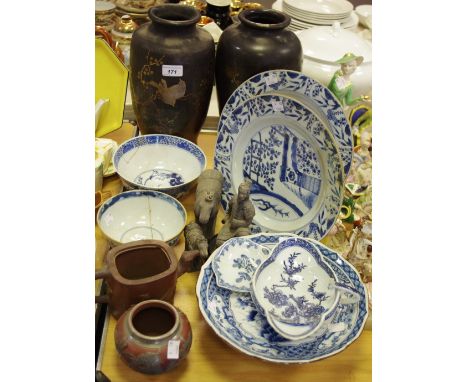 An 18th century Chinese blue and white plate c.1770; a Yixing terracotta teapot, etc 
