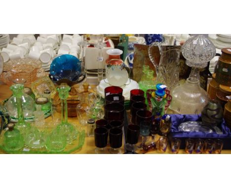 Coloured and clear Glass - including Mdina fish paperweight, clear glass mushroom table lamp, Murano clown; etc 