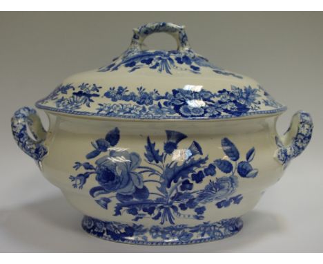 A large Spode Union Wreath pattern two-handled tureen and cover, transfer printed in tones of blue with ribbon tied  thistle,