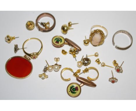 A pair of 9ct gold seed pearl &amp; coral earrings; a single 18ct gold pearl stud; others; a yellow metal cameo ring; a yello