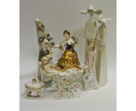Decorative ceramics - a Lladro figure of a young girl and bonnet; others including 2 nuns, woman &amp; goose &amp; lady &amp;