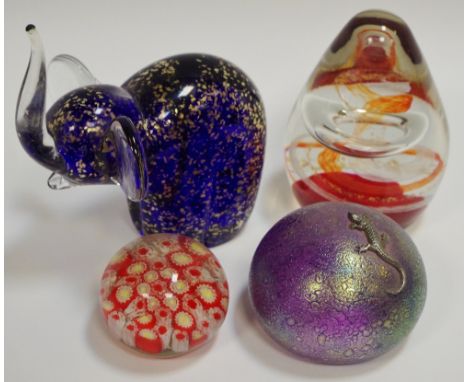 Glassware - a Caithness style dump paperweight, twisted inclusions; coloured glass elephant paperweight; etc (4)