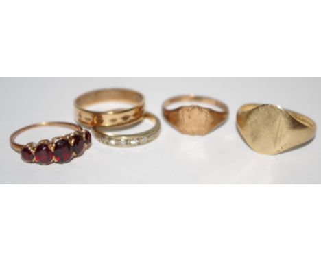 Jewellery - Rings, a 9ct gold five stone garnet line ring, others signet ring, eternity ring etc, 9.9g gross (5)