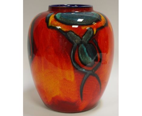 A Poole pottery ovoid vase, red, orange, blue glazed, cobalt blue interior 