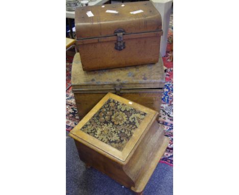 A Victorian mahogany commode with chamber pot and cover; a domed metal travel trunk; another similar; a chamber pot (4)