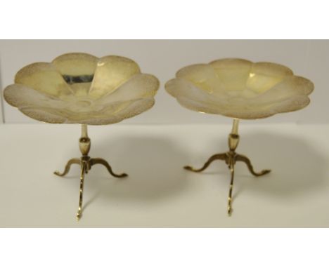 A pair of miniature Edwardian silver 'George III' scallop top tables, tripod columns with tripod feet Roberts And Belk dated 