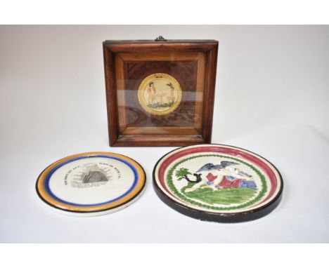 An 18th Century Staffordshire Prattware panel (cracked), Reverend John Wesley plaque, "The best of all God is with us" and Pr