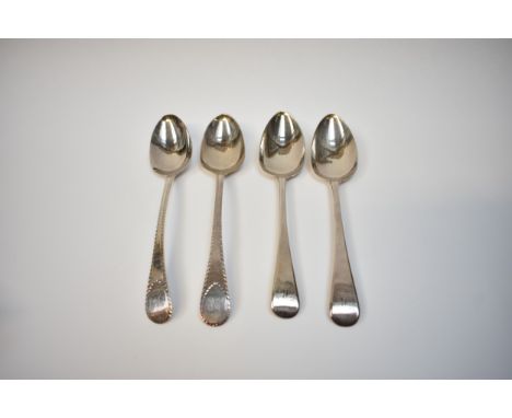 A pair of George III bright cut serving spoons, London 1796, maker's mark rubbed off, Capital letter A monogram to handle, an