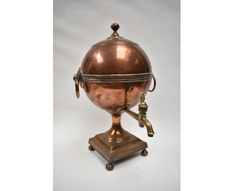 A Georgian copper and brass globe form tea urn on stepped square base, 45.5cm tall