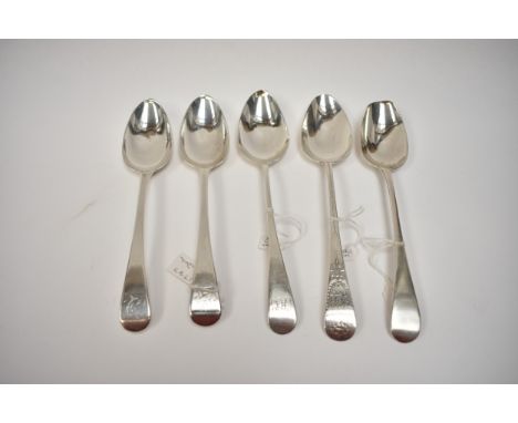 Five George III London silver Hanoverian pattern serving spoons with crest or monogram to handles including two 1787 maker's 