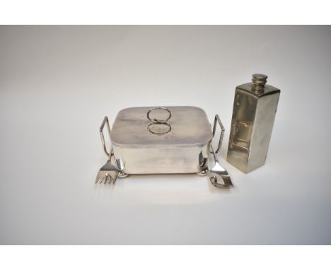 D &amp; A electro-plated lidded dish with serving fork and spoon, 17cm x 11.5cm and plated flask