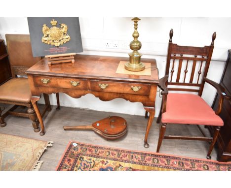 A late Victorian Queen Anne style walnut two drawer lady's desk with cabriole legs to pad feet, 78cm x 118cm x 53.5cm