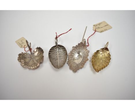 Four silver tea caddy spoons of leaf form including Taylor &amp; Perry, Birmingham 1834, Birmingham example 1799 and 1811 and