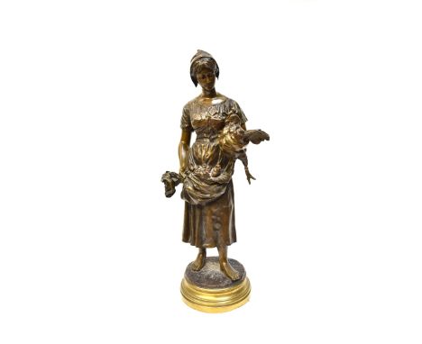 After ALFRED BARYE (1839-1882): A bronze sculpture of maid with hen and chicks, signed to base, 52cm tall