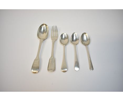 A Chawner &amp; Co silver fork and spoon with presentation details to handle, London 1863 and three silver teaspoons, various
