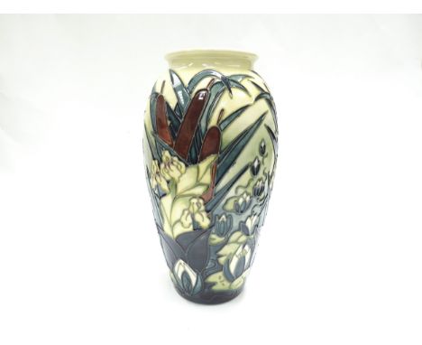 A Moorcroft Lamia pattern vase, bulrushes and lily pads, 25.5cm tall, some crazing