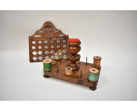 A 19th Century burr walnut pin cushion and sewing reel stand with associated Georgian knife box divider (2)
