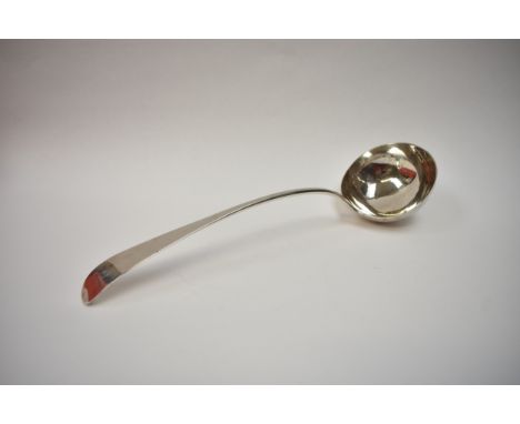 An Edinburgh George III large soup ladle, maker's mark undecipherable, initial "D" monogrammed to handle, 1786, possible repa