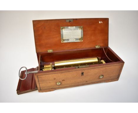 A 19th Century Nicole Freres cylinder music box playing four airs with song label. Mechanism stamped with serial no. 32110, h
