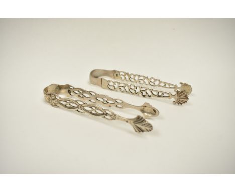 Two pairs of Georgian pierced bow form sugar tongs with shell form nips.  One by William Pitts circa 1800, the other by John 