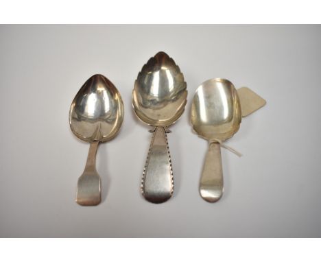 Three silver tea caddy spoons including Thomas James, London 1811 with shaped edge to bowl, John Thropp, Birmingham 1816 of h