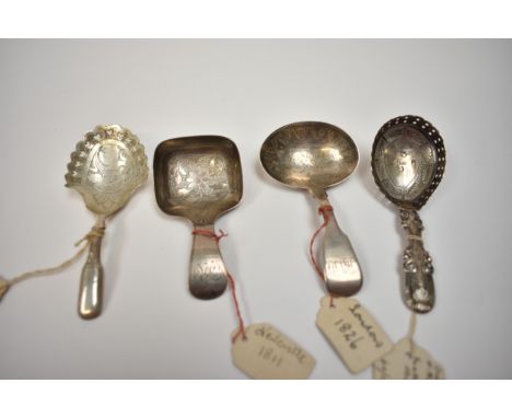 Four silver tea caddy spoons with etched bowls including Joseph Taylor, Birmingham 1820, John Bettridge, Birmingham 1817, Joh