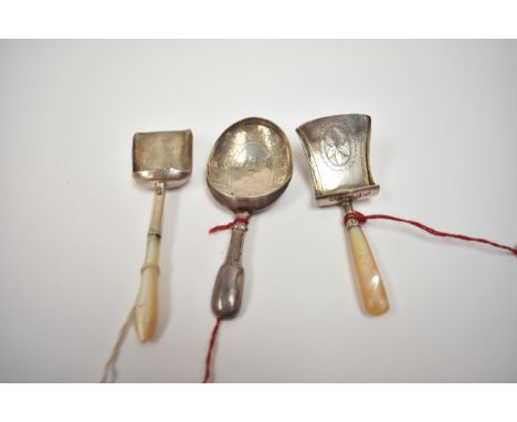 Two mother-of-pearl handled tea caddy spoons including William Pugh, Birmingham 1810 and Birmingham 1802 maker's mark IT, and