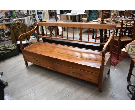 A settle bench with drawers below, 174cm long x 89.5cm tall x 63cm deep
