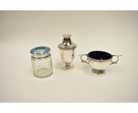 A silver pepperette, a silver twin handled salt with Bristol glass liner and a guilloche lidded hatpin holder, all a/f (3)