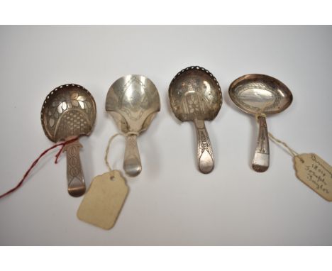 Four silver tea caddy spoons including Cocks &amp; Bettridge, Birmingham 1814, similar example with repair to handle and two 