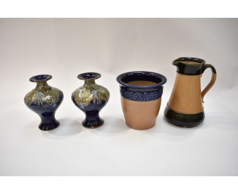 A pair of Royal Doulton stoneware vases, 12cm tall together with a Doulton Lambeth pot and jug (4)