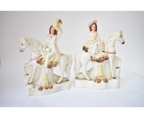 Two Victorian Staffordshire figures "Harvest &amp; Home" female and male figure on horseback, 28.5cm x 19cm