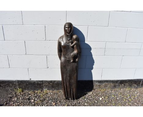 Edward Folkard (1911-2005) 20th Century carved oak figure of Madonna &amp; Child, 115cm tall x 32cm wide