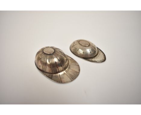 Two silver jockey cap form tea caddy spoons, one Georgian the other marked SP with monogram to underside.  15g