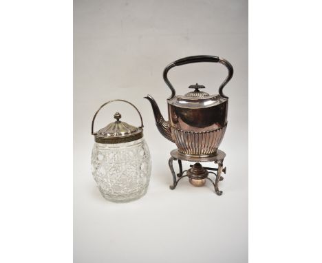 A silver plated crystal biscuit barrel and silver plated spirit kettle of melon fluted form (2)