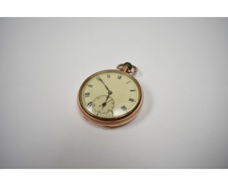 A 9ct gold cased open-face pocket watch, white Roman dial with blued hands, having subsidiary dial at 6, inner case also stam