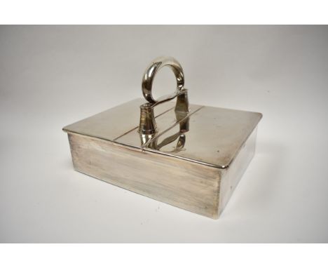 A silver table top twin compartment cigar box, London 1904, patent No 1658, makers mark rubbed, dents present to body, wood l