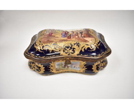 A 19th Century Continental hand-painted porcelain casket/box "Lancry le Charlatan d'apres Lingelbach", 12cm x 32cm x 20.5cm