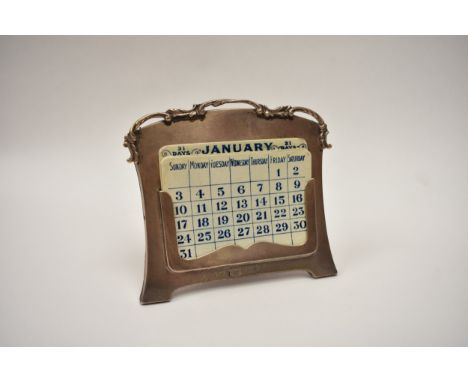 A Mappin &amp; Webb silver calendar with plastic month cards, date letter for 1909 but marks are rubbed 10.5cm tall x 11.5cm 