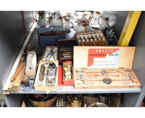 A quantity of tools, to include a box of spanners, a Stanley plane, measure rules,  a Presto Whiteworth thread and tap wrench