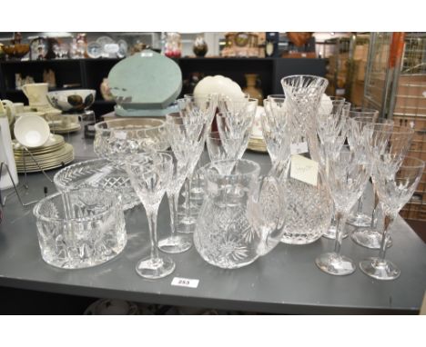 A Stuart  cut crystal 'Madison' pattern wine carafe, h26cm, sold together with 22 wine glasses, 3 bowls and pitcher, (26)