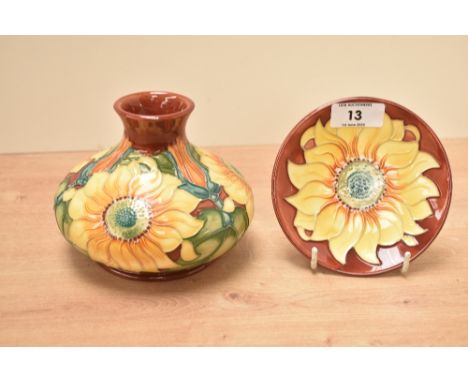 A Moocroft pottery 'Inca' sunflower pattern vase of lobbed form, designed by Rachael Bishop, painted and impressed marks to b