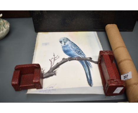 After Sunkatchan, (Hong Kong) 1983, oil on silk, depicting a blue budgie perched on a branch, signed botton left, h26cm