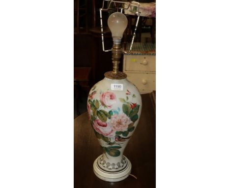 Opaline glass table lamp decorated with a courting couple and flowers