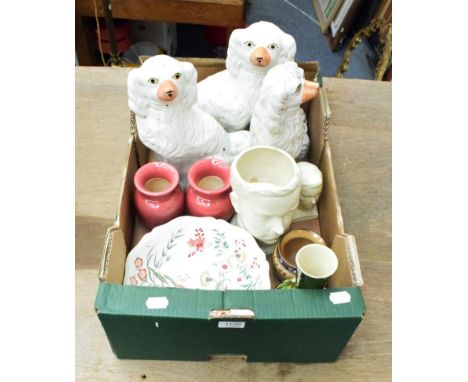 A group of ceramics including Staffordshire seated spaniels, Wedgwood Etruria bowl, Doulton Lambeth vase, Ault pottery vases,