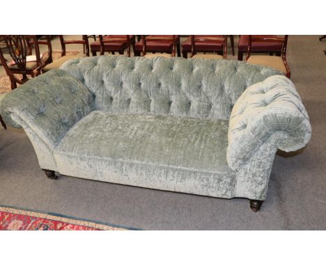Victorian Chesterfield drop-end sofa, recovered in green buttoned fabric, 175cm by 90cm, 70cm high 